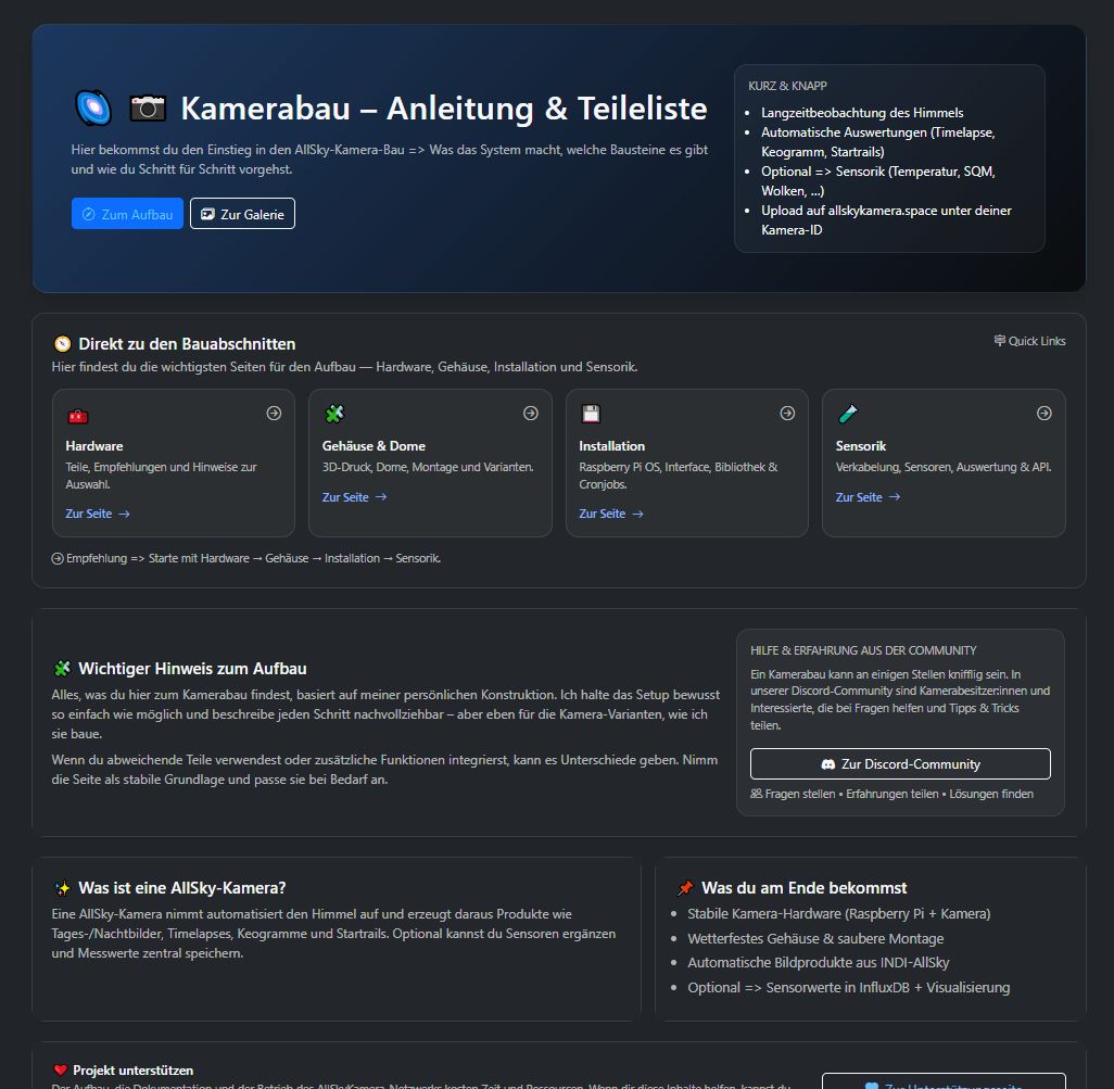 Screenshot der Übersichtsseite zum Kamerabau