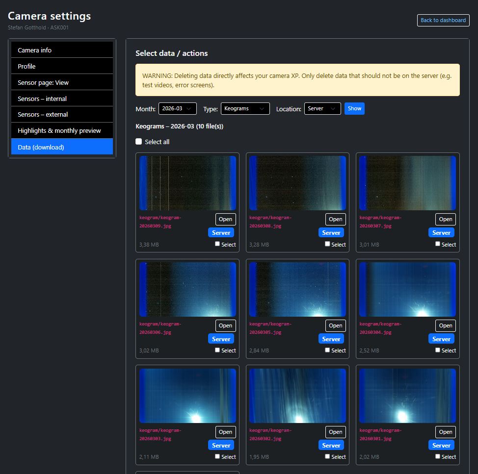 Screenshot of the data section in the camera settings