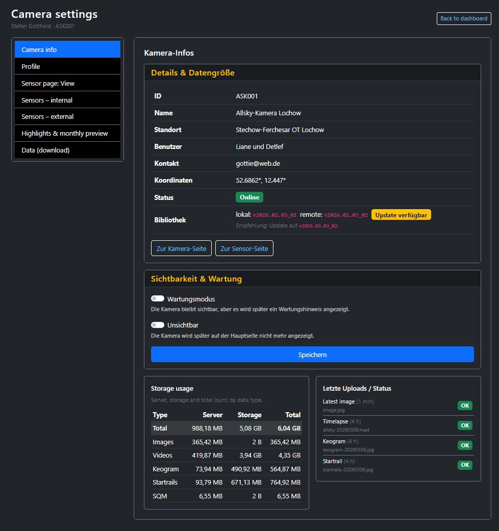 Screenshot of the camera info section in the camera settings