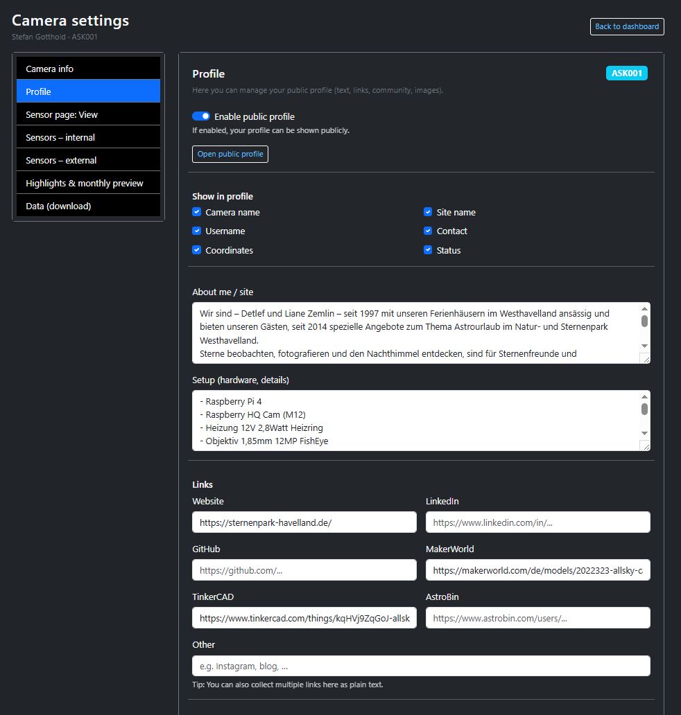 Screenshot of the profile section in the camera settings