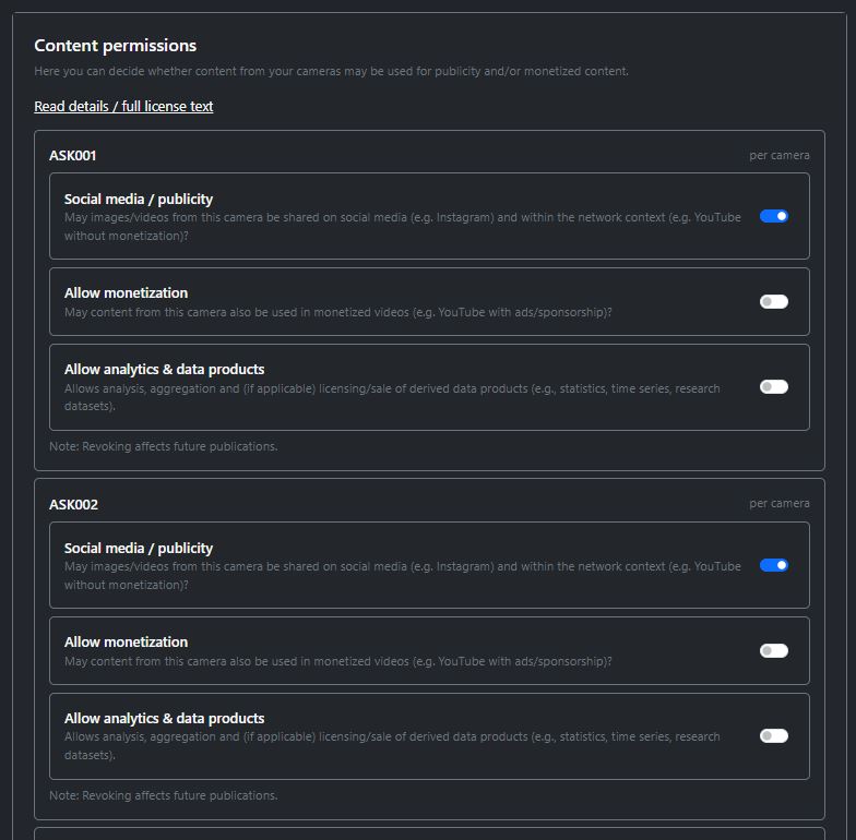 Screenshot of the account settings with permissions for social media, monetization and data products