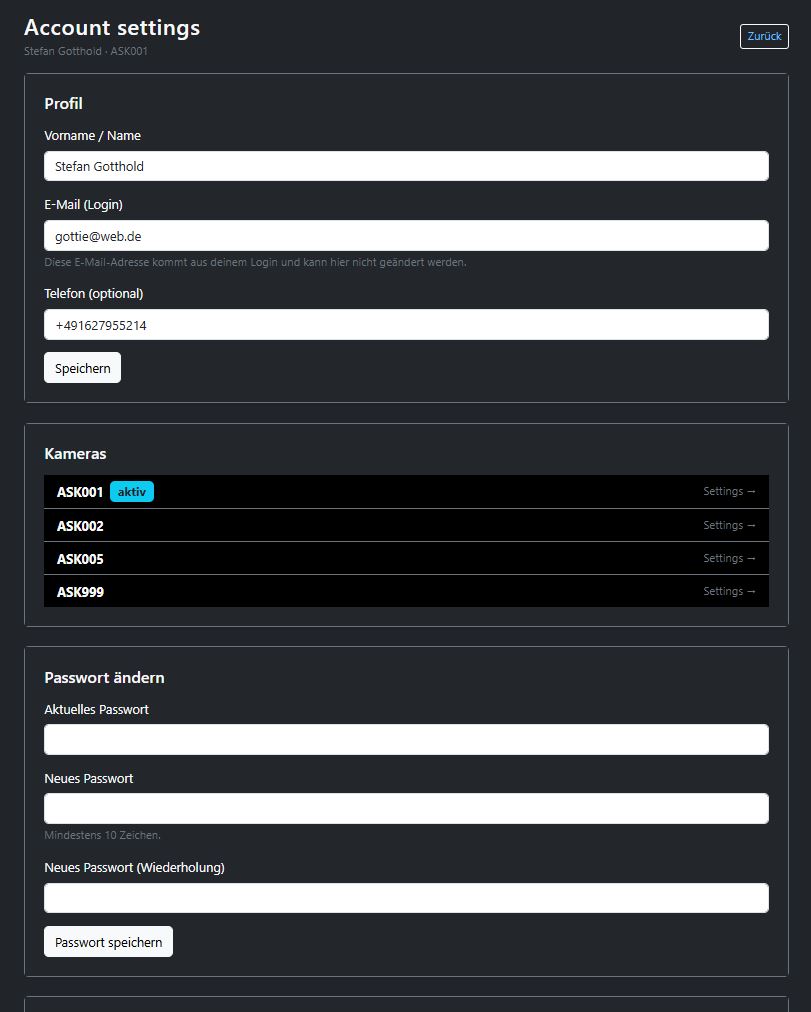 Screenshot der Account-Settings mit Profil, Kameraliste und Passwortbereich