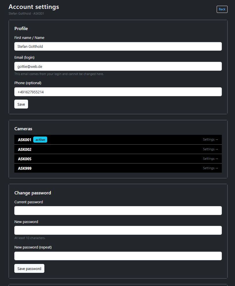 Screenshot of the account settings with profile, camera list and password section