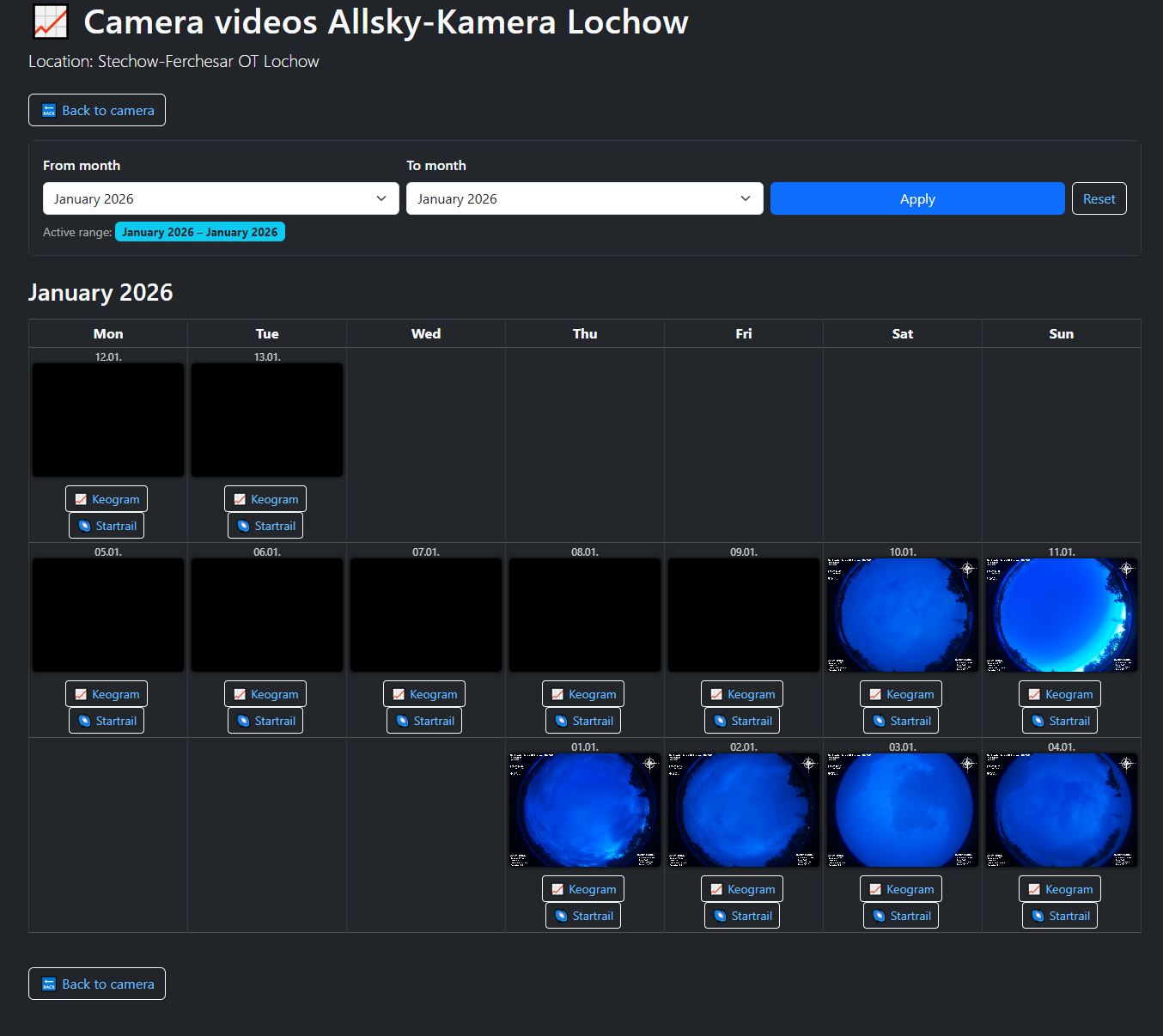 Screenshot of the video page with month filter and calendar view