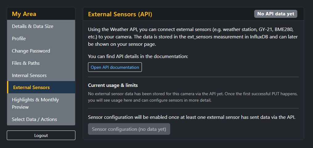 Screenshot showing external sensors section with API information and current status
