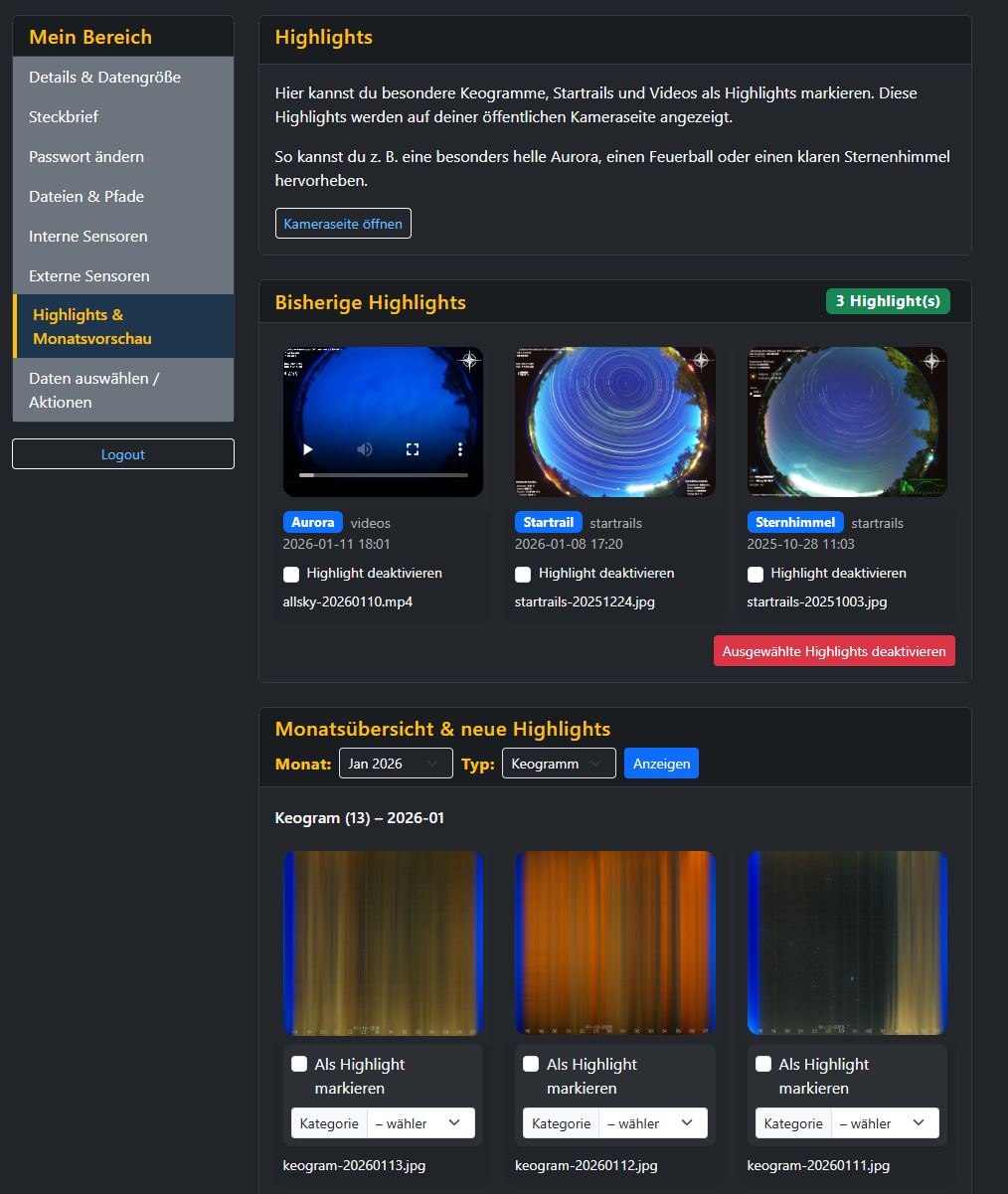 Screenshot der Highlights-Verwaltung mit bisherigen Highlights und Monatsübersicht zum Hinzufügen neuer Highlights