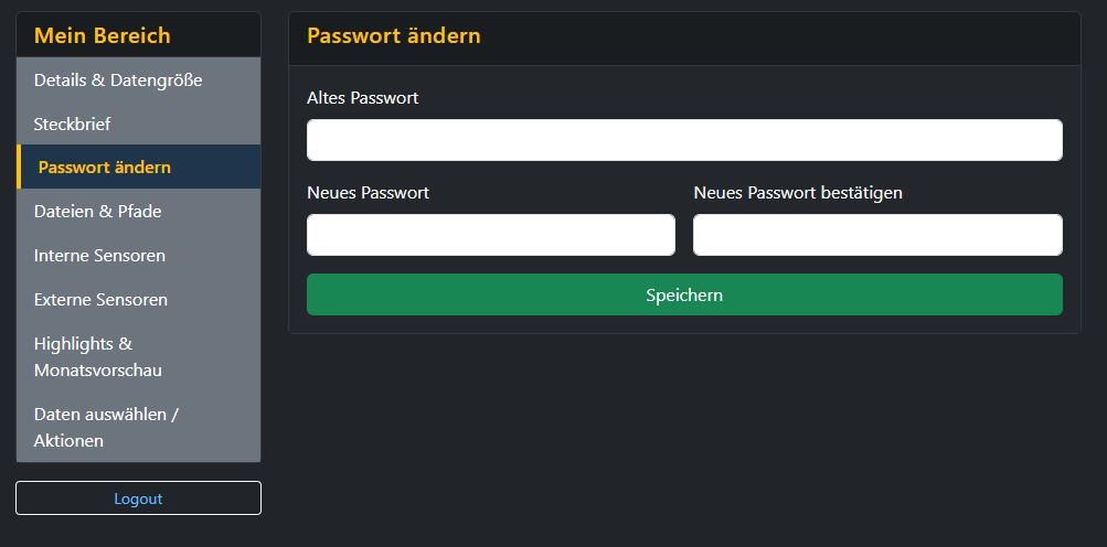 Screenshot des Formulars zum Ändern des Passworts mit aktuellem Passwort, neuem Passwort und Bestätigung